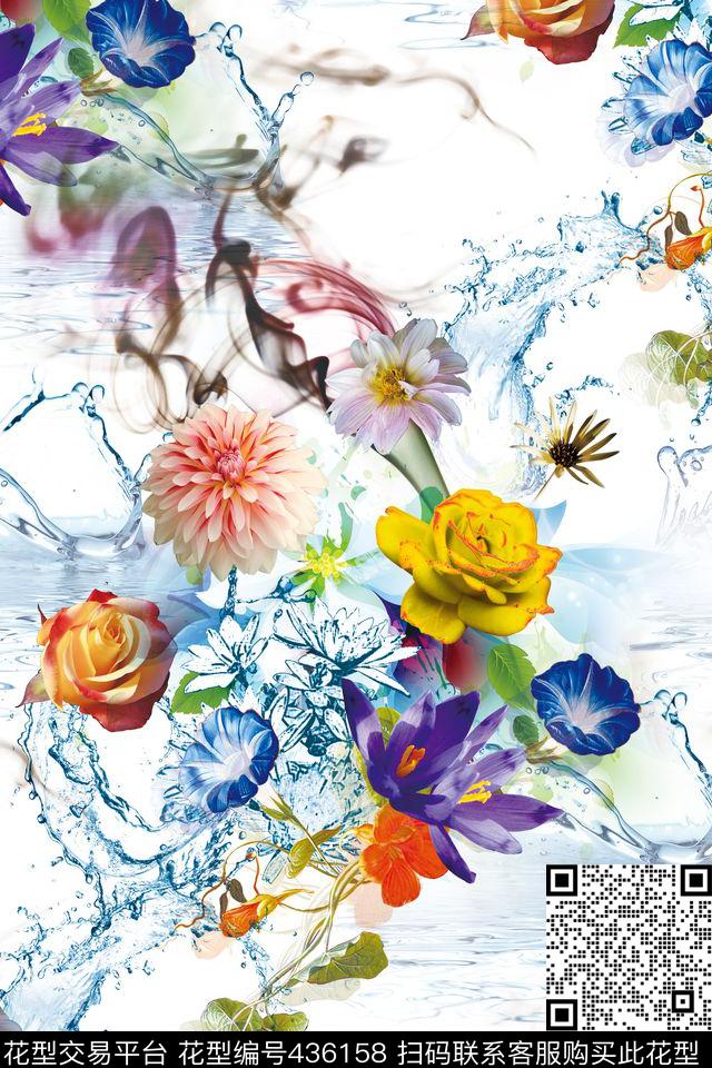 花卉水花水墨数码印花华亿平台下载（图片编号: 436158） - 瓦栏（Walan）