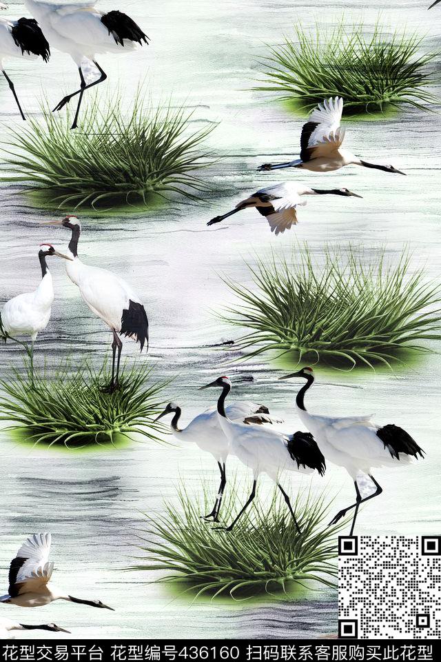 中国风白鹤水草数码印花华亿平台下载（图片编号: 436160） - 瓦栏（Walan）