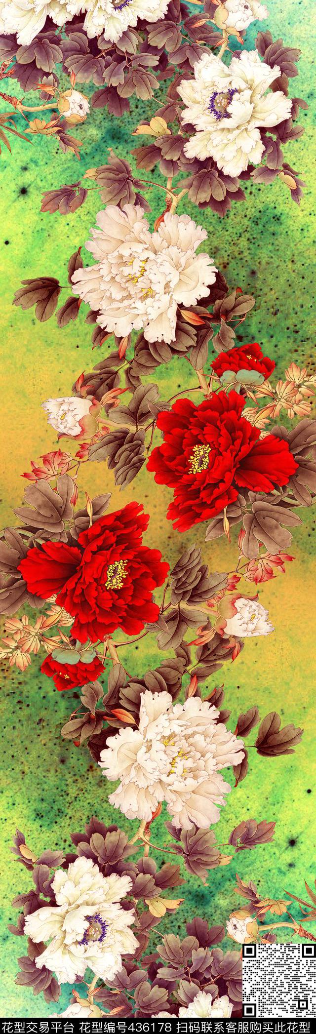 中国风水墨淡彩牡丹花数码印花华亿平台下载（图片编号: 436178） - 瓦栏（Walan）