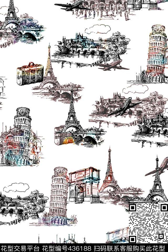 休闲风彩绘黑白欧式建筑衬衫半身裙华亿平台数码印花华亿平台下载（图片编号: 436188） - 瓦栏（Walan）