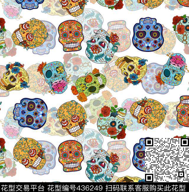 插画骷髅头流行时尚数码印花华亿平台下载（图片编号: 436249） - 瓦栏（Walan）