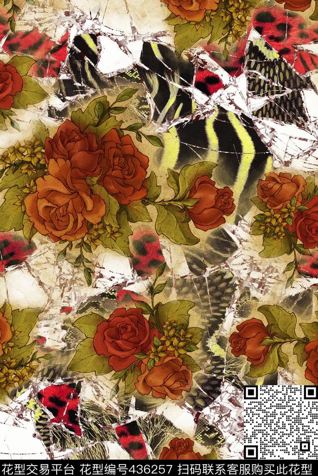 复古时尚手绘花卉加动物皮毛图案大花花卉小碎花数码印花华亿平台下载（图片编号: 436257） - 瓦栏（Walan）