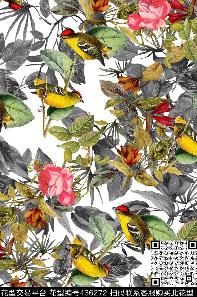 水墨手绘花卉手绘鸟数码印花华亿平台下载（图片编号: 436272） - 瓦栏（Walan）