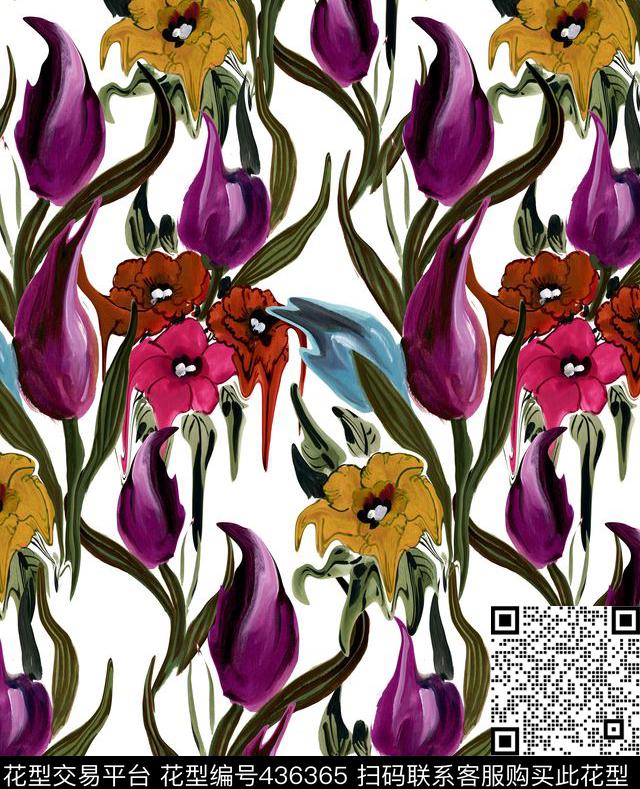 抽象纯水彩手绘流动花卉数码印花华亿平台下载（图片编号: 436365） - 瓦栏（Walan）