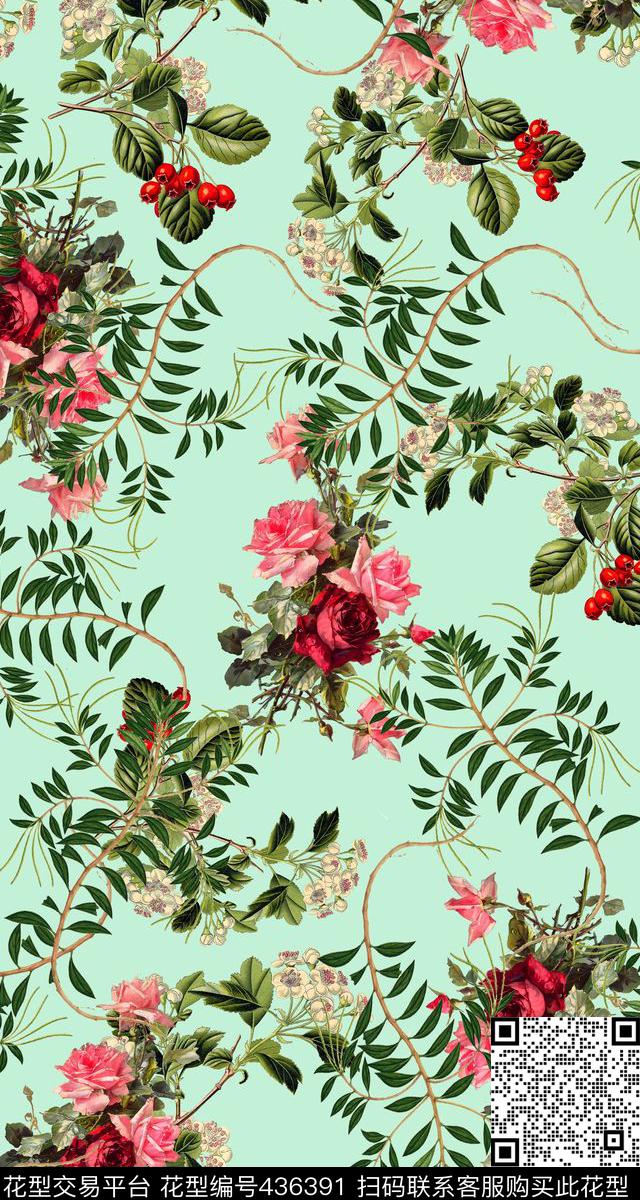 花卉手绘植物小清新数码印花华亿平台下载（图片编号: 436391） - 瓦栏（Walan）