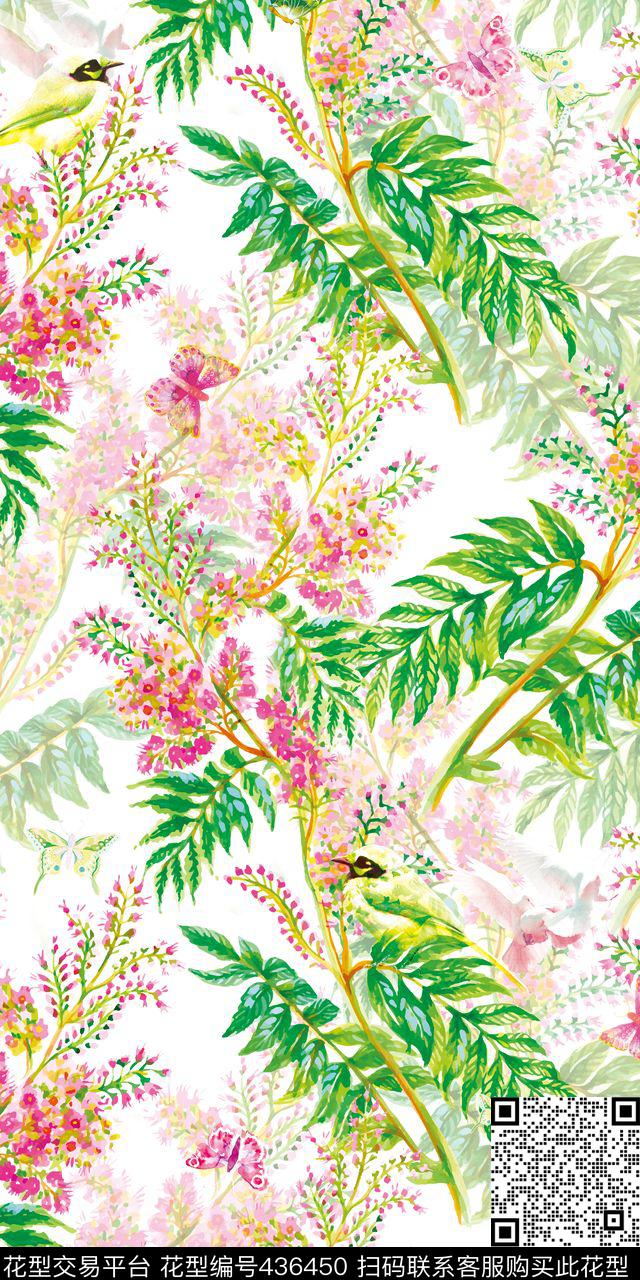 甜美清新花卉小鸟数码印花华亿平台下载（图片编号: 436450） - 瓦栏（Walan）