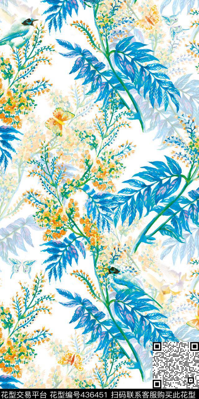 甜美清新花卉小鸟数码印花华亿平台下载（图片编号: 436451） - 瓦栏（Walan）