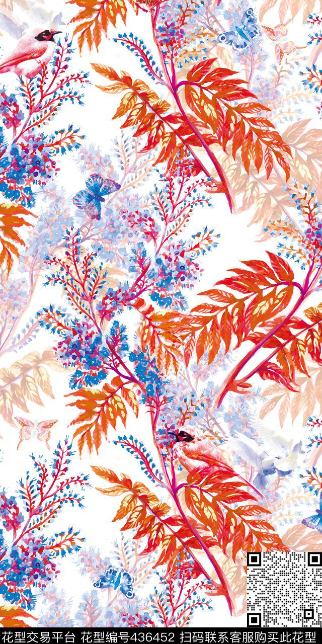 甜美清新花卉小鸟数码印花华亿平台下载（图片编号: 436452） - 瓦栏（Walan）
