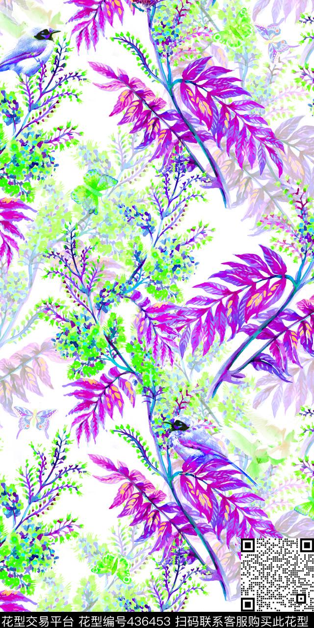 甜美清新花卉小鸟数码印花华亿平台下载（图片编号: 436453） - 瓦栏（Walan）