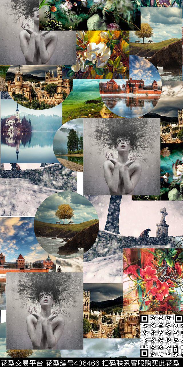 拼接风景花卉人头像数码印花华亿平台下载（图片编号: 436466） - 瓦栏（Walan）