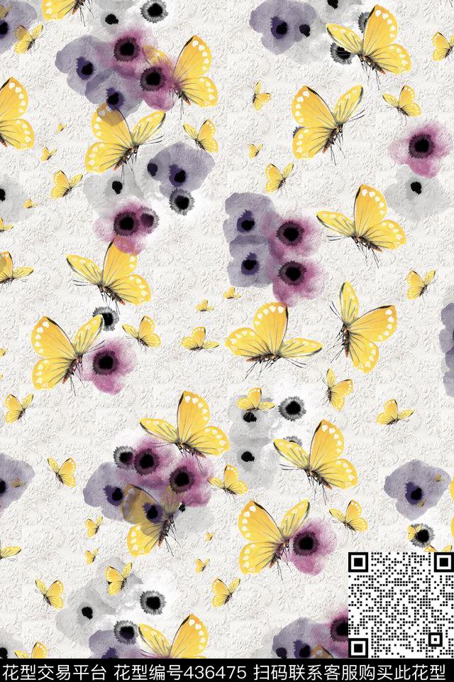 蝴蝶手绘花卉数码印花华亿平台下载（图片编号: 436475） - 瓦栏（Walan）