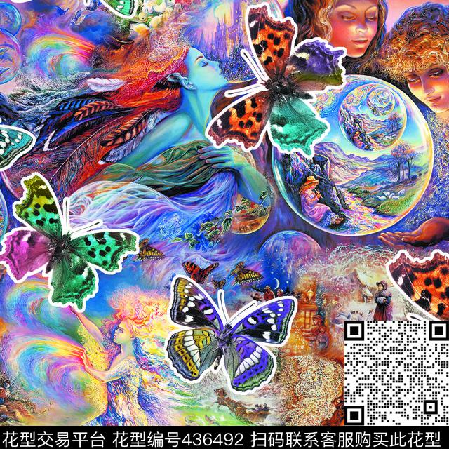 抽象风景蝴蝶数码印花华亿平台下载（图片编号: 436492） - 瓦栏（Walan）