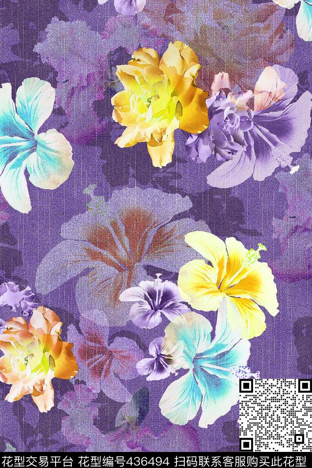 花卉满版组合牛仔纹数码印花华亿平台下载（图片编号: 436494） - 瓦栏（Walan）