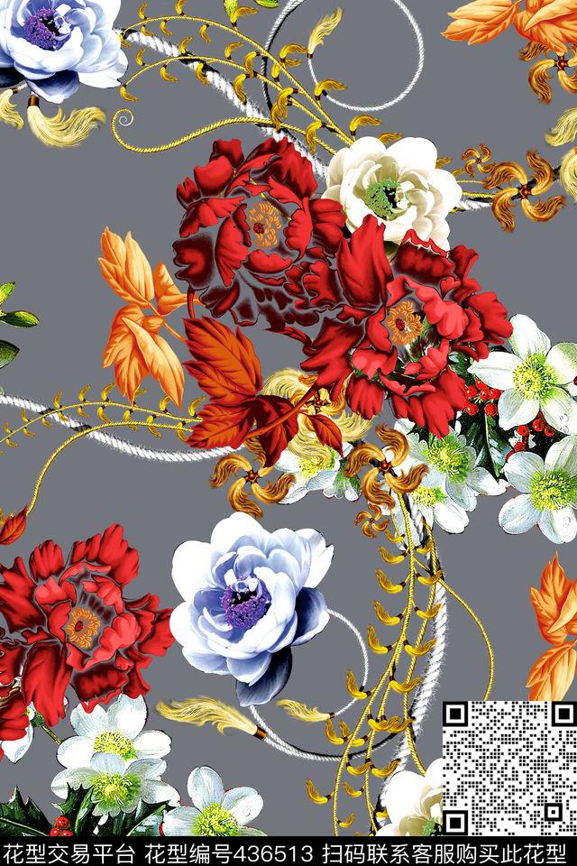 花卉时尚手绘花卉数码印花华亿平台下载（图片编号: 436513） - 瓦栏（Walan）