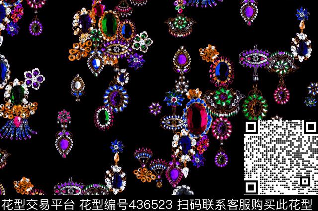 复古宝石宝石花数码印花华亿平台下载（图片编号: 436523） - 瓦栏（Walan）