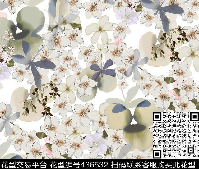 抽象花丛蜻蜓花蜻蜓数码印花华亿平台下载（图片编号: 436532） - 瓦栏（Walan）