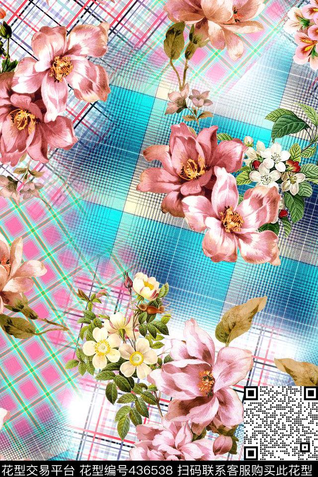 时尚格子几何花卉数码印花华亿平台下载（图片编号: 436538） - 瓦栏（Walan）