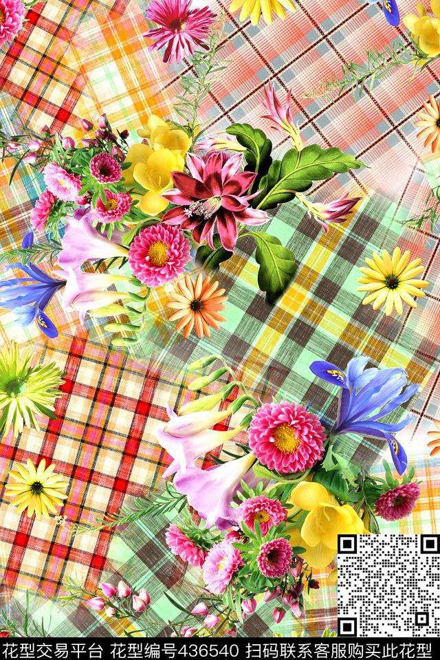 时尚几何格子花卉数码印花华亿平台下载（图片编号: 436540） - 瓦栏（Walan）