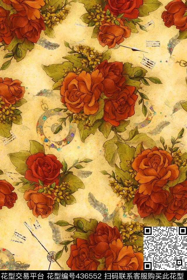 复古手绘线描羽毛钟表玫瑰花文艺数码印花华亿平台下载（图片编号: 436552） - 瓦栏（Walan）