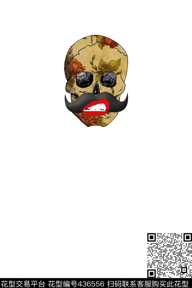 复古潮流玫瑰花骷髅加红唇大胡子帅气个性数码印花华亿平台下载（图片编号: 436556） - 瓦栏（Walan）