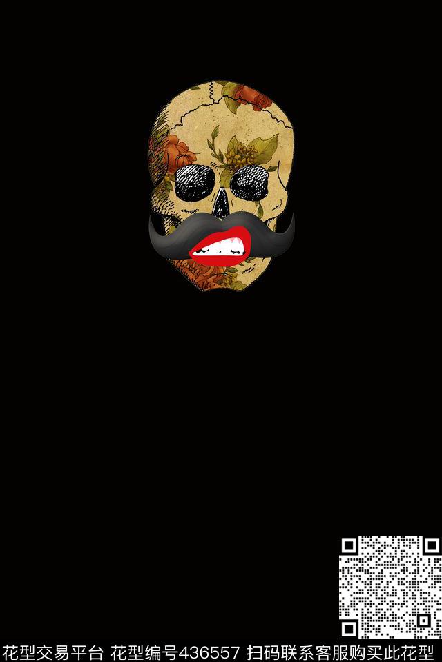 复古潮流玫瑰花骷髅加红唇大胡子帅气个性数码印花华亿平台下载（图片编号: 436557） - 瓦栏（Walan）