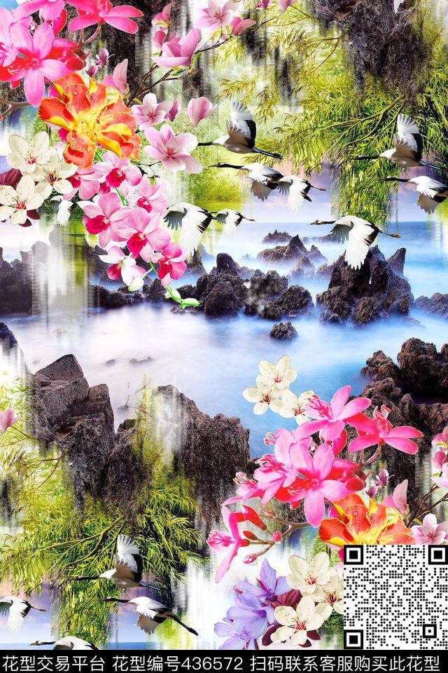 风景照片花卉白鹤数码印花华亿平台下载（图片编号: 436572） - 瓦栏（Walan）