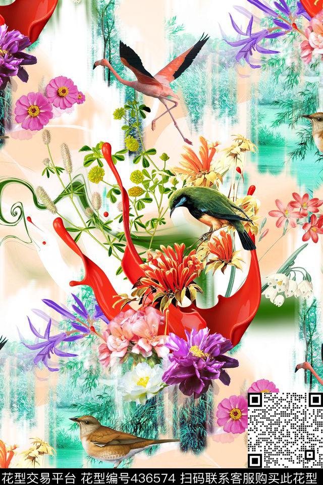 花卉小鸟流光数码印花华亿平台下载（图片编号: 436574） - 瓦栏（Walan）