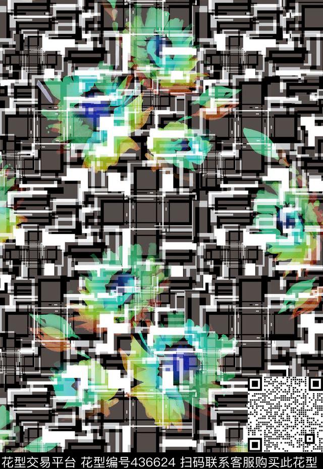 个性3D黑白拼贴幻影花卉数码印花华亿平台下载（图片编号: 436624） - 瓦栏（Walan）