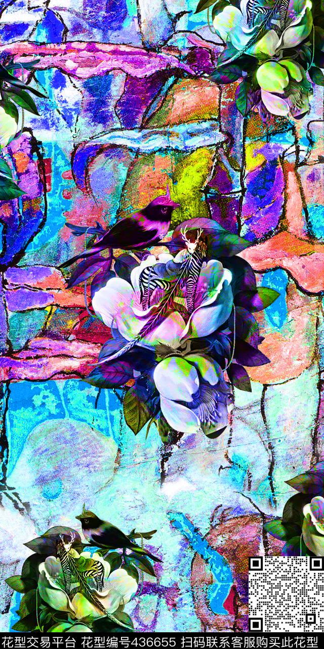 欧式抽象手绘油画底纹花鸟彩绘花卉点缀数码印花华亿平台下载（图片编号: 436655） - 瓦栏（Walan）