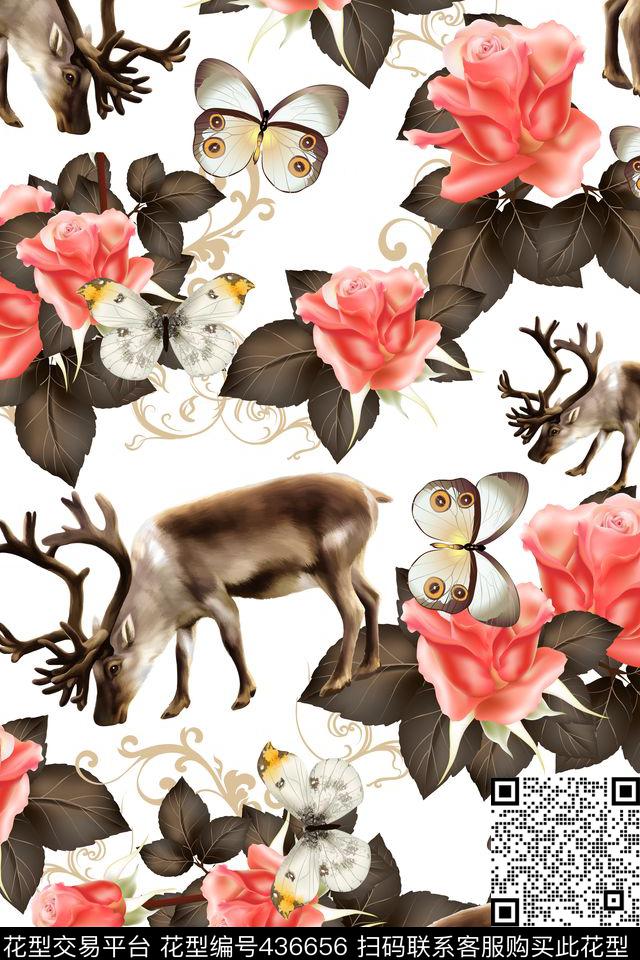 古典复古蝴蝶复古蝴蝶角鹿玫瑰花动物华亿平台动物纹数码印花华亿平台下载（图片编号: 436656） - 瓦栏（Walan）
