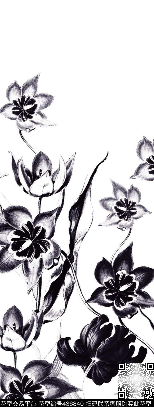 黑白定位花卉定位花优雅传统印花华亿平台下载（图片编号: 436840） - 瓦栏（Walan）