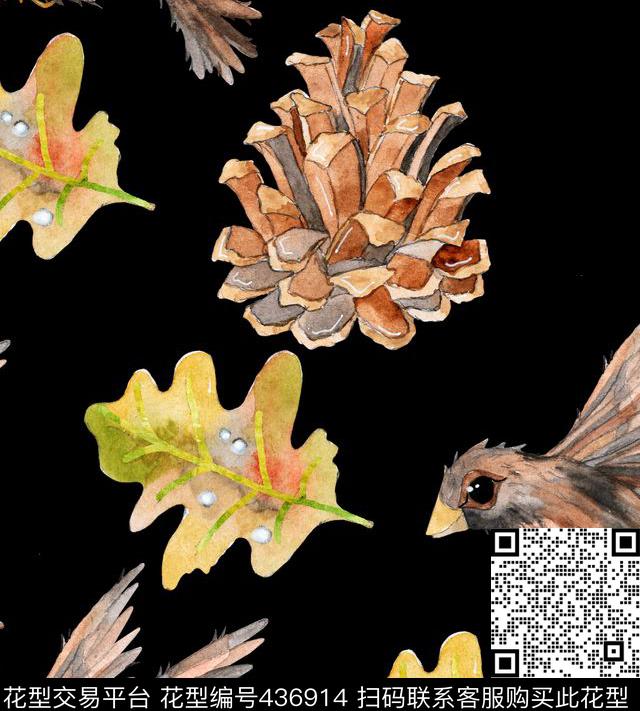 手绘松果叶子小鸟数码印花华亿平台下载（图片编号: 436914） - 瓦栏（Walan）