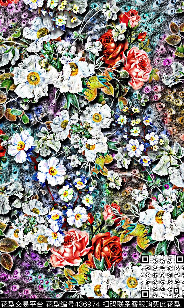 五彩孔雀纹暗色数码印花华亿平台下载（图片编号: 436974） - 瓦栏（Walan）