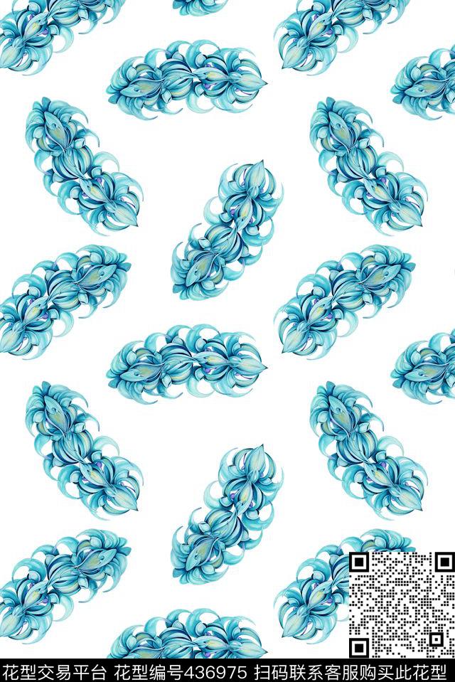 连衣裙时尚小清新手绘水彩水蓝色多叶花数码印花华亿平台下载（图片编号: 436975） - 瓦栏（Walan）