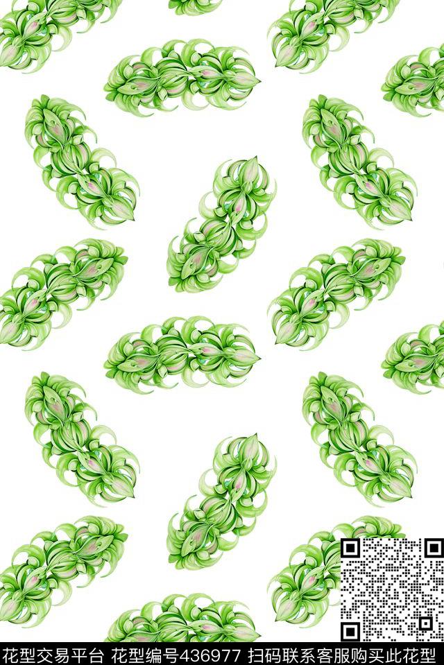 连衣裙时尚小清新手绘水彩水蓝色多叶花数码印花华亿平台下载（图片编号: 436977） - 瓦栏（Walan）