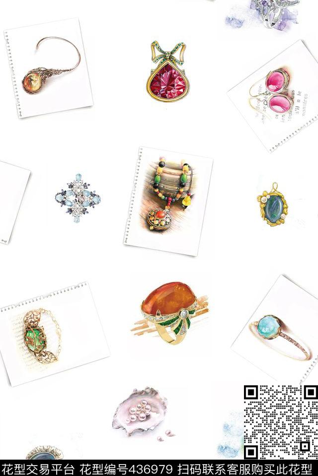 清新手绘水彩珠宝宝石戒指潮流数码印花华亿平台下载（图片编号: 436979） - 瓦栏（Walan）