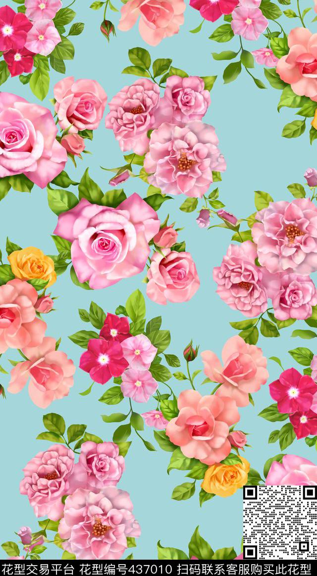 大花大玫瑰花卉数码印花华亿平台下载（图片编号: 437010） - 瓦栏（Walan）