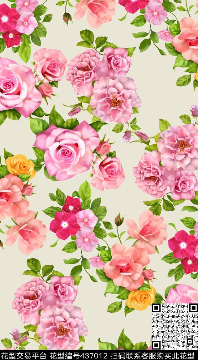 优雅清新时尚手绘大玫瑰数码印花华亿平台下载（图片编号: 437012） - 瓦栏（Walan）