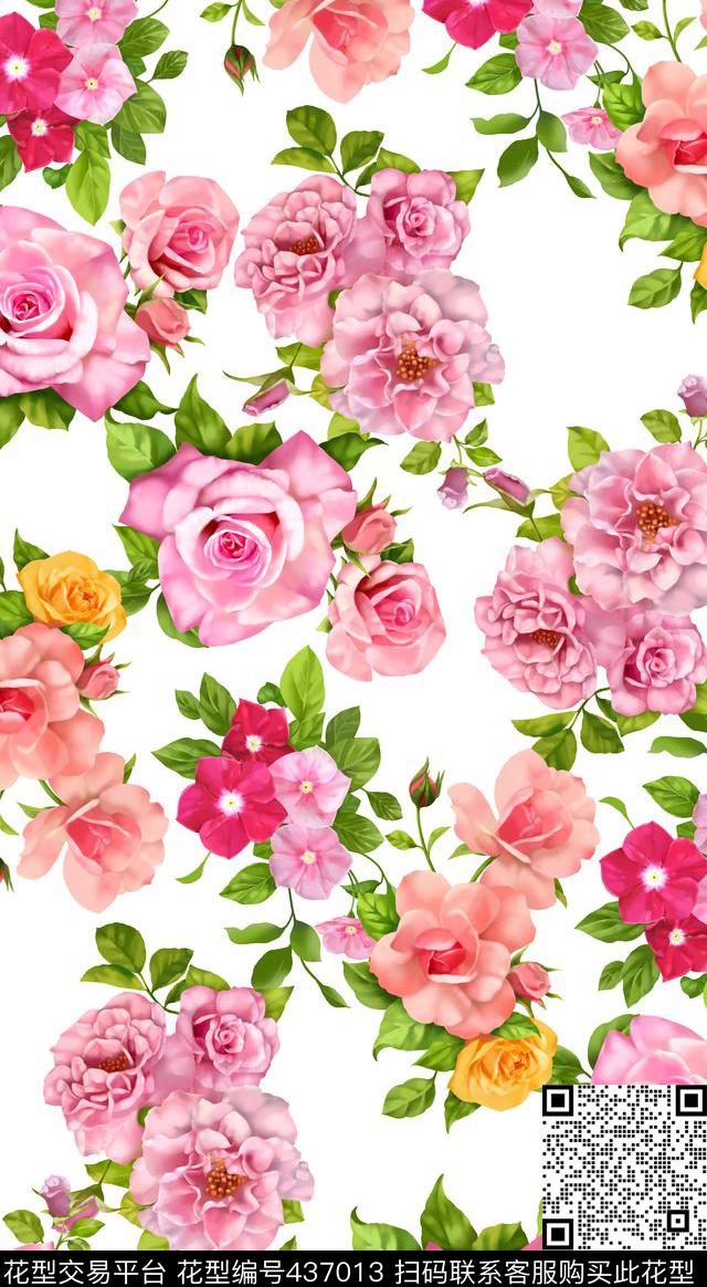 优雅清新时尚手绘大玫瑰数码印花华亿平台下载（图片编号: 437013） - 瓦栏（Walan）