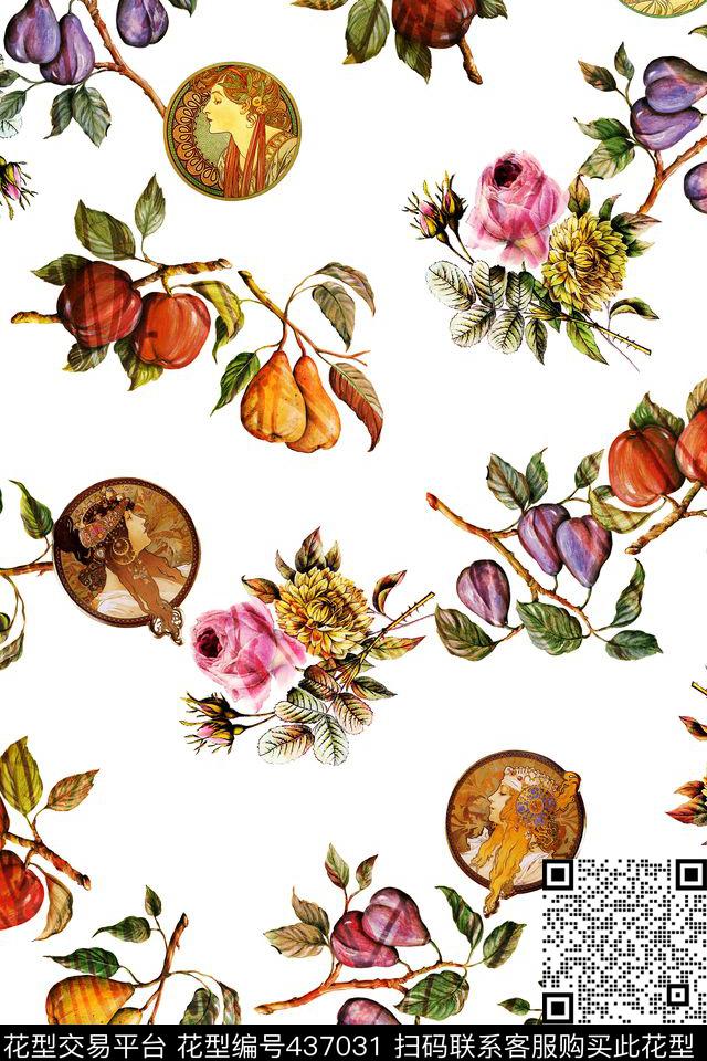 复古水果水彩花欧式图案数码印花华亿平台下载（图片编号: 437031） - 瓦栏（Walan）
