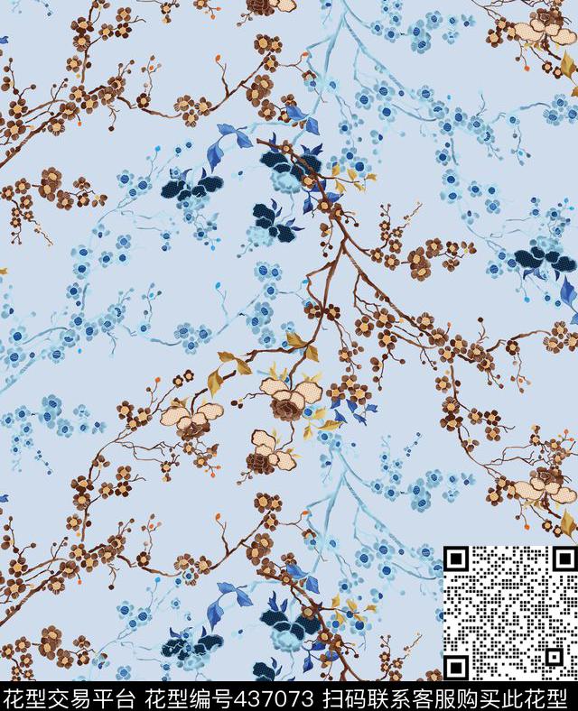 花卉简约时尚树枝数码印花华亿平台下载（图片编号: 437073） - 瓦栏（Walan）