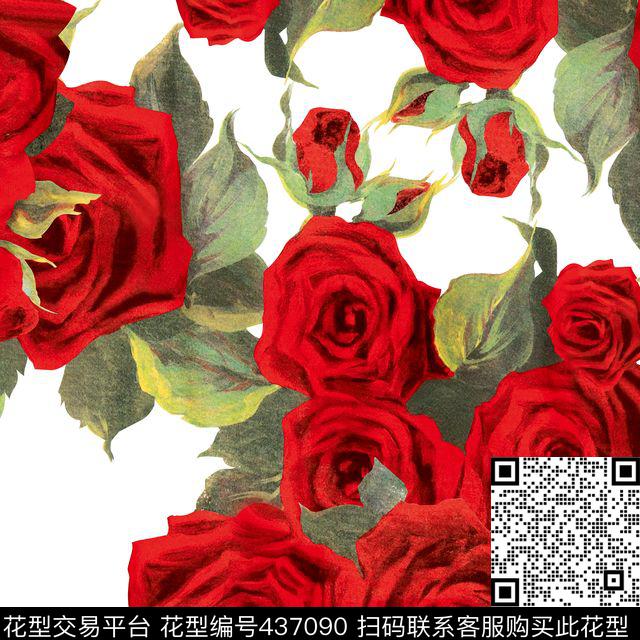 浪漫玫瑰花花卉数码印花华亿平台下载（图片编号: 437090） - 瓦栏（Walan）