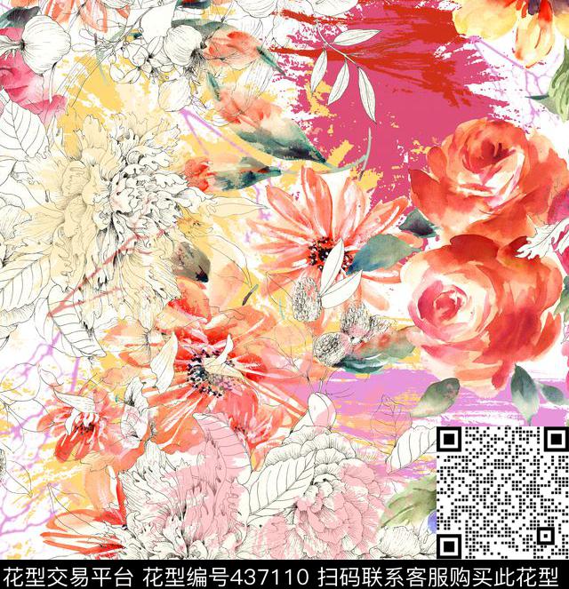 抽象时尚手绘水彩数码印花华亿平台下载（图片编号: 437110） - 瓦栏（Walan）