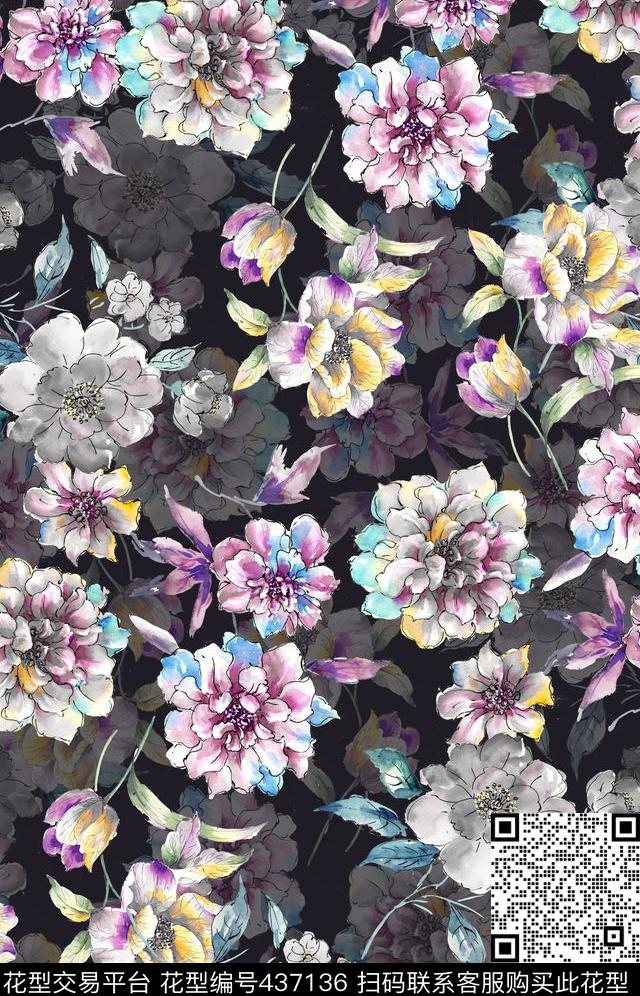 大花卉时尚花卉水彩手绘数码印花华亿平台下载（图片编号: 437136） - 瓦栏（Walan）