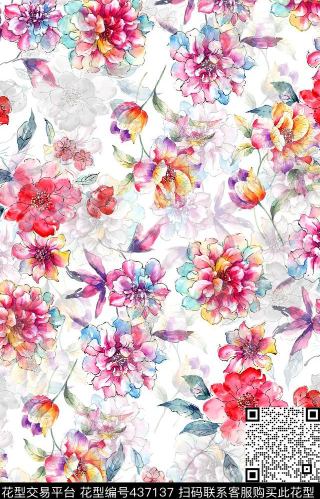 大花卉时尚花卉水彩手绘数码印花华亿平台下载（图片编号: 437137） - 瓦栏（Walan）