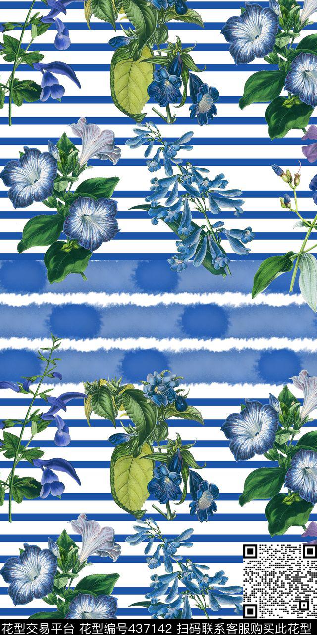 花卉海军蓝条纹数码印花华亿平台下载（图片编号: 437142） - 瓦栏（Walan）