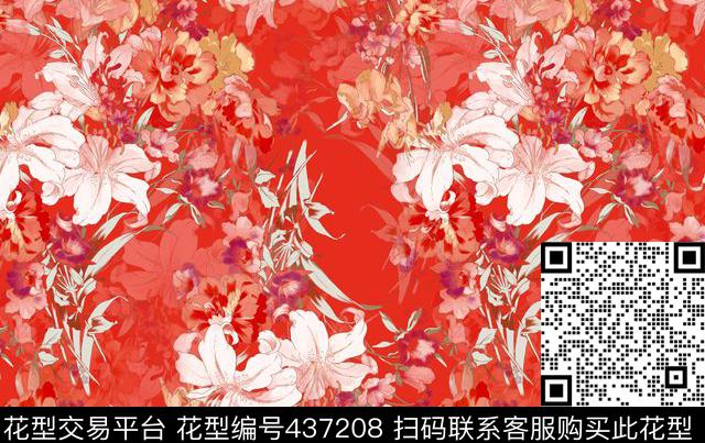 复古花流行时尚手绘花卉数码印花华亿平台下载（图片编号: 437208） - 瓦栏（Walan）