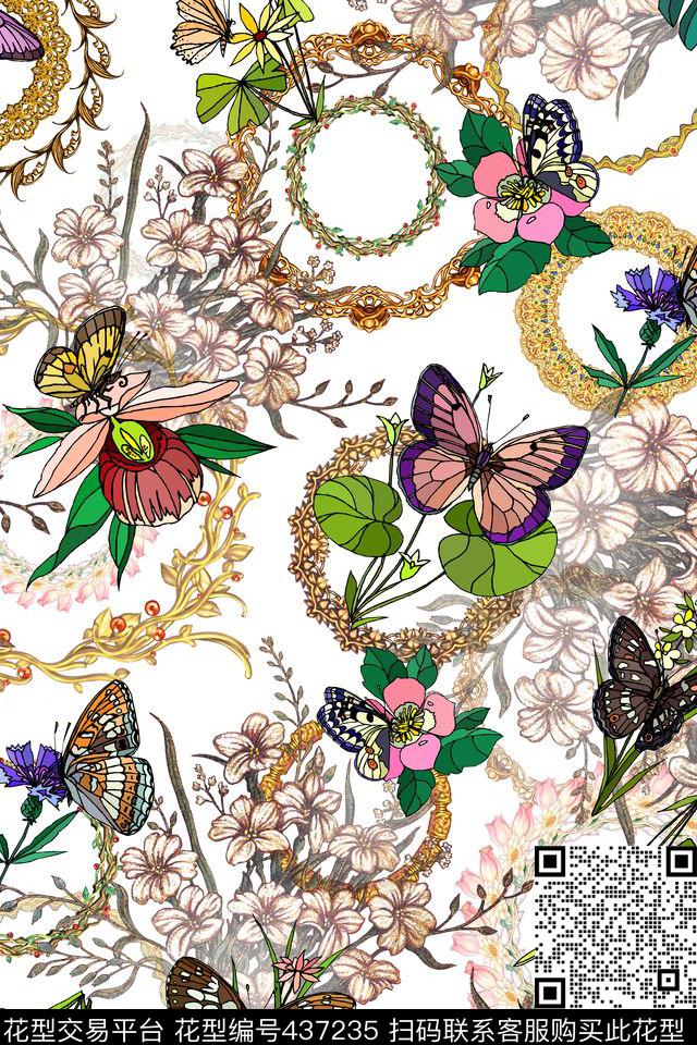 蝴蝶花朵花环数码印花华亿平台下载（图片编号: 437235） - 瓦栏（Walan）