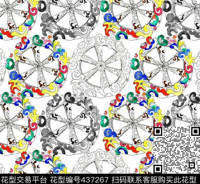 大牌欧式手绘水彩图案花卉圆盘云纹年轻时尚抽象图数码印花华亿平台下载（图片编号: 437267） - 瓦栏（Walan）