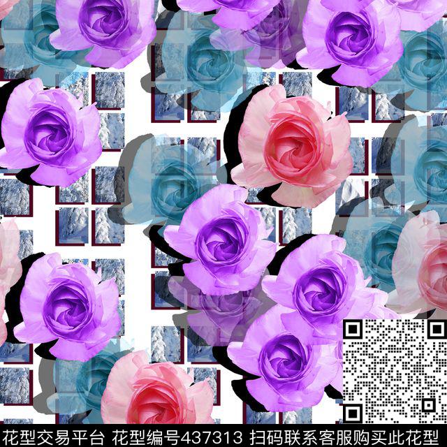 水墨立体感玫瑰花卉数码印花华亿平台下载（图片编号: 437313） - 瓦栏（Walan）